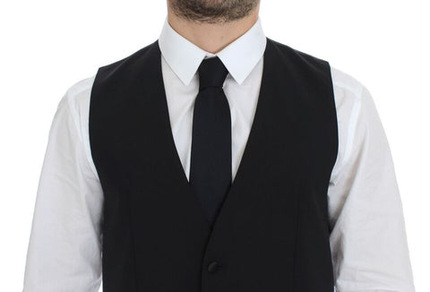 Black wool silk stretch dress vest blazer by Dolce & Gabbana, tailored fit with sleek lapels and structured design.