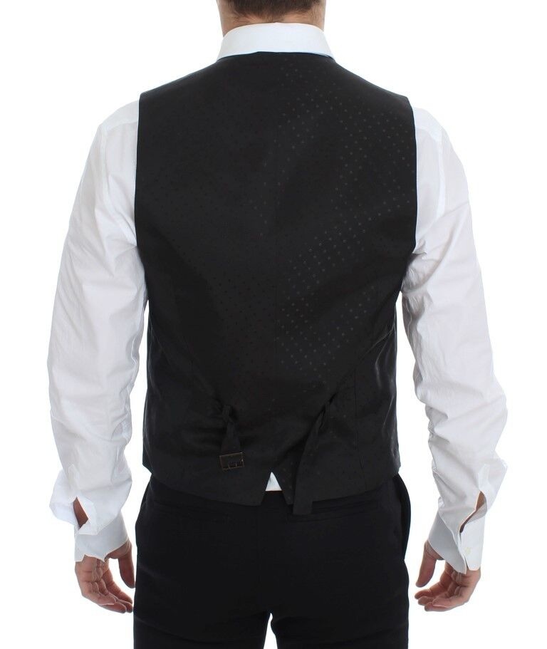 Black wool silk stretch dress vest blazer by Dolce & Gabbana, tailored fit with lapel collar and sleek design.