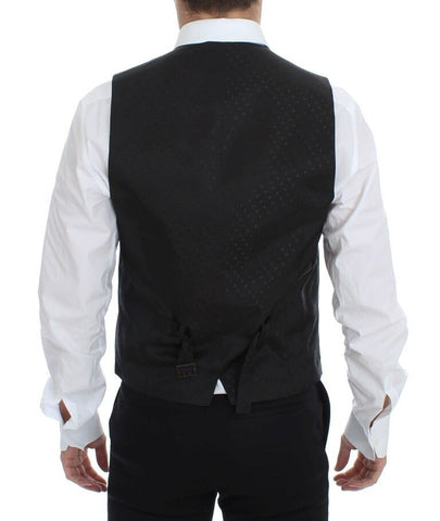 Black wool silk stretch dress vest blazer by Dolce & Gabbana, tailored fit with lapel collar and sleek design.
