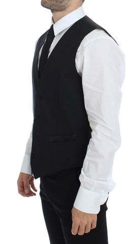 Black wool silk stretch dress vest blazer by Dolce & Gabbana, tailored fit with lapel collar and sleek design.