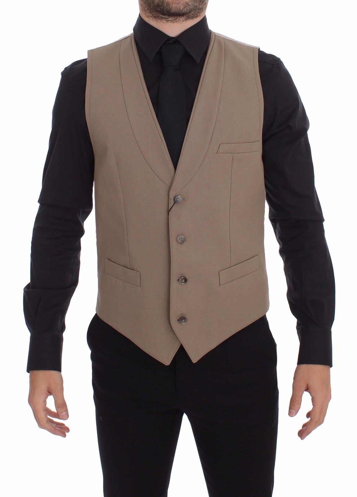 Beige cotton slim fit button-front dress vest by Dolce & Gabbana, shown on a hanger with detailed stitching and smooth fabric.