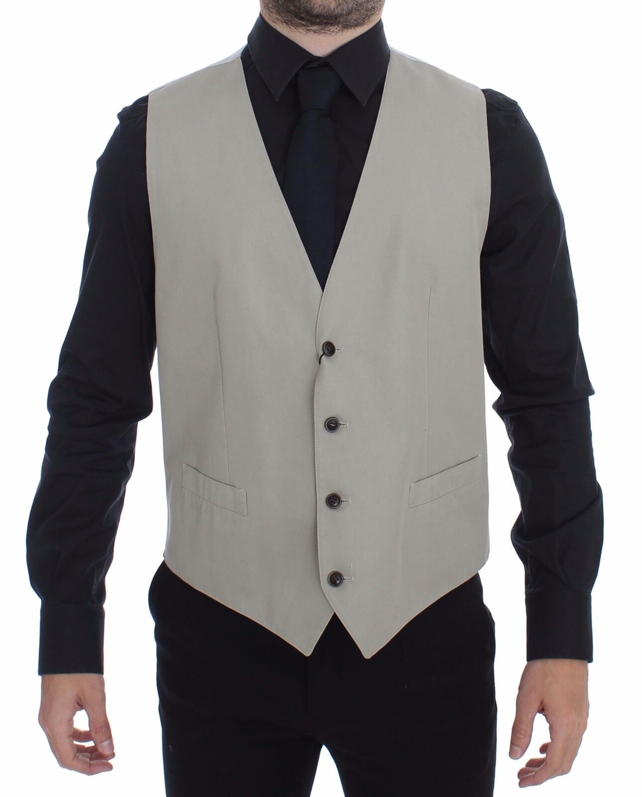 Beige cotton silk blend dress vest blazer by Dolce & Gabbana, tailored fit with lapel collar and front button closure.