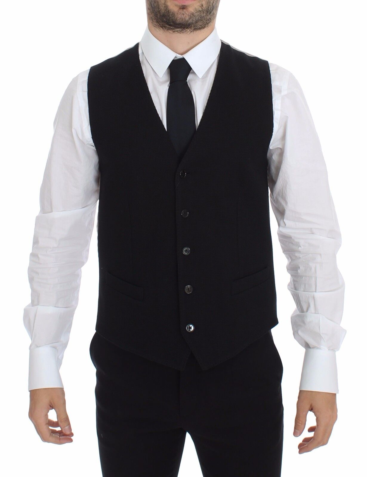 Black cotton dress vest blazer jacket by Dolce & Gabbana, shown on a hanger with details of the tailored fit and fabric texture.