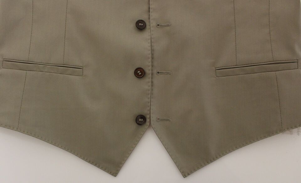 Beige cotton dress vest blazer jacket by Dolce & Gabbana, tailored fit with lapel collar and button closure, stylish and elegant.