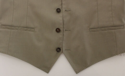Beige cotton dress vest blazer jacket by Dolce & Gabbana, tailored fit with lapel collar and button closure, stylish and elegant.