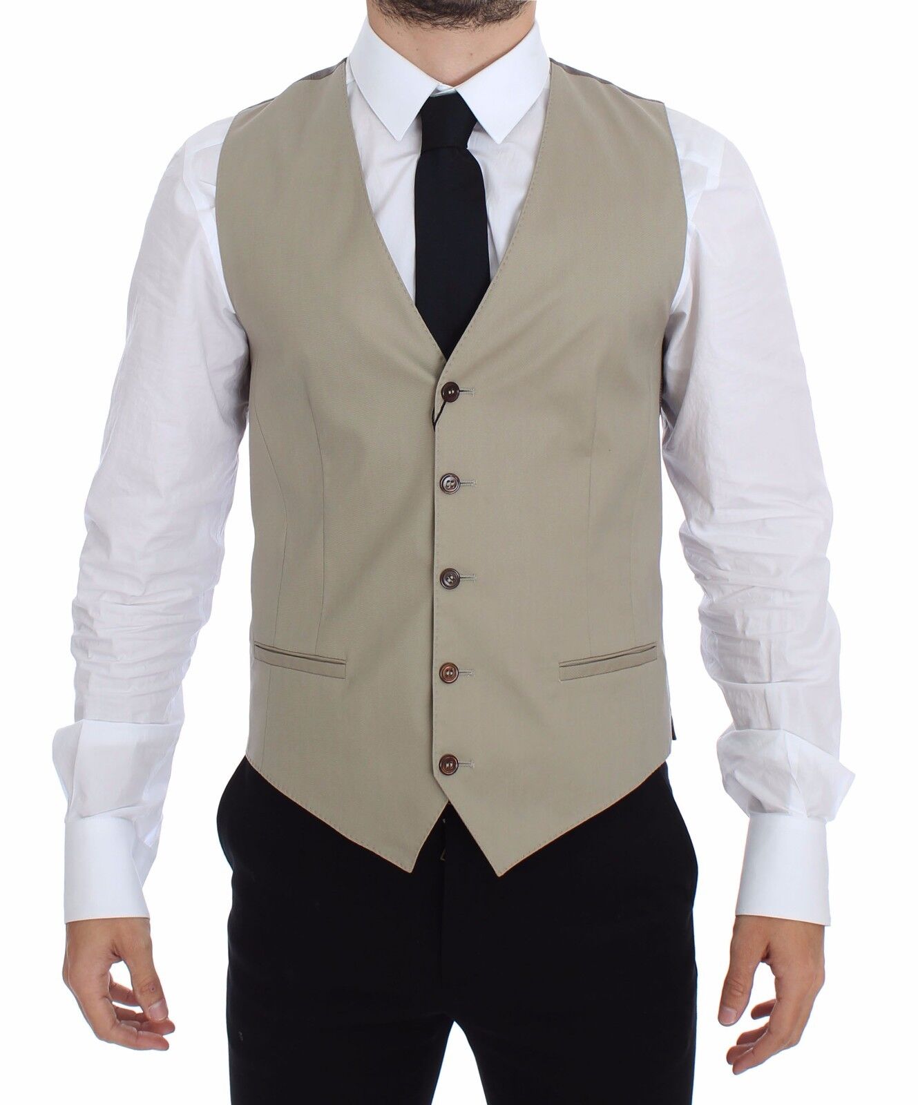 Beige cotton dress vest blazer jacket by Dolce & Gabbana, tailored fit with lapel collar and button closure.