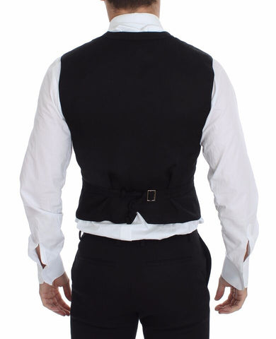 Black flax cotton dress vest blazer by Dolce & Gabbana, tailored fit with lapel collar and button closure, styled for formal wear.