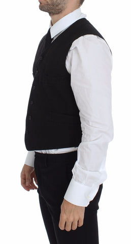 Black flax cotton dress vest blazer by Dolce & Gabbana, tailored fit with lapel collar and button closure.