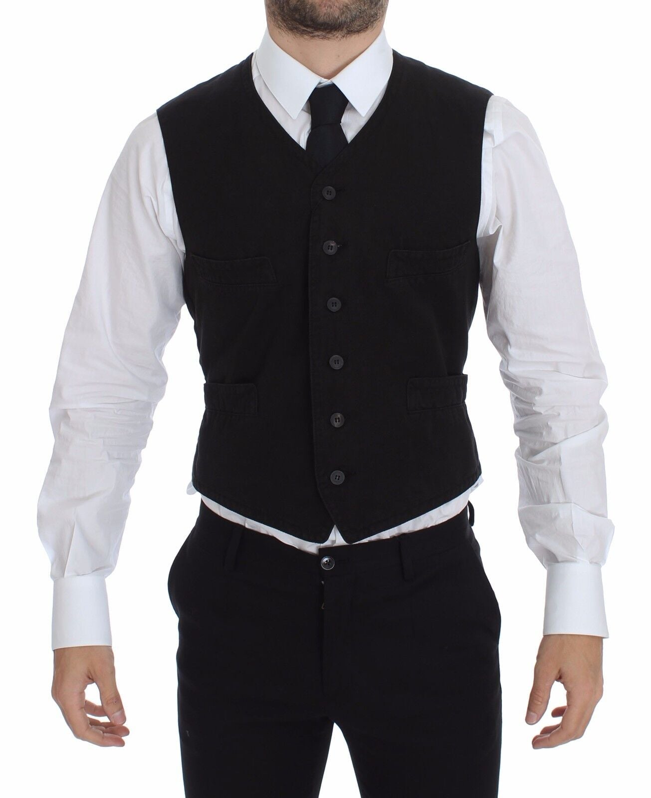 Black flax cotton dress vest blazer by Dolce & Gabbana, tailored fit with lapel collar and front buttons.