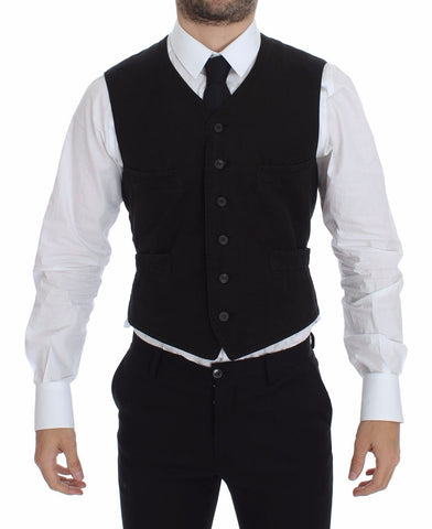 Black flax cotton dress vest blazer by Dolce & Gabbana, tailored fit with lapel collar and front buttons.