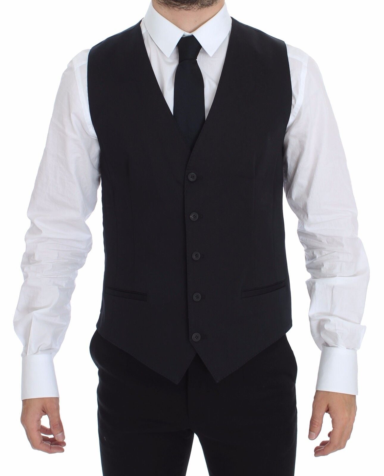 Blue cotton stretch dress vest blazer by Dolce & Gabbana, tailored fit with lapels and button closure, displayed on a hanger.