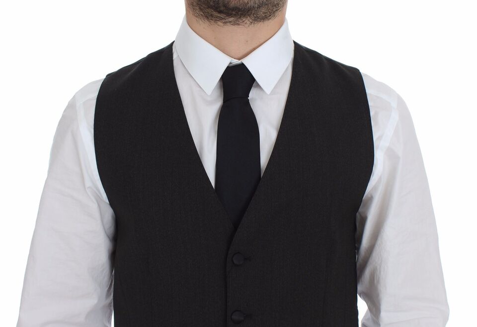 Gray wool stretch dress vest blazer by Dolce & Gabbana, tailored fit with lapel collar and button closure.