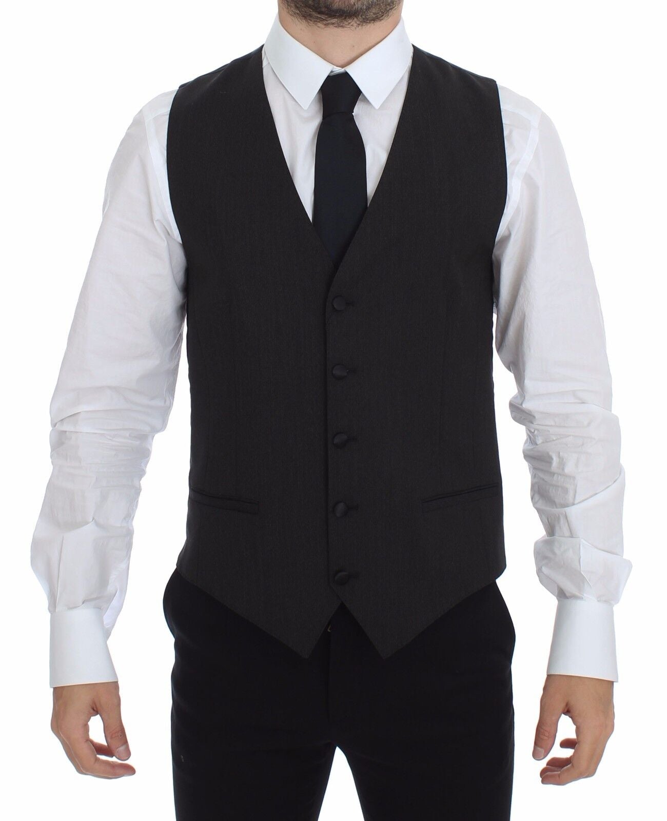 Gray wool stretch dress vest blazer by Dolce & Gabbana, tailored fit with lapel collar and button closure, displayed on a hanger.