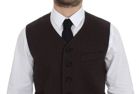Brown cotton blend dress vest gilet by Dolce & Gabbana, shown on a hanger with a tailored fit and detailed stitching.