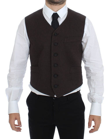 Brown cotton blend dress vest gilet by Dolce & Gabbana, showing tailored fit and textured fabric detail.