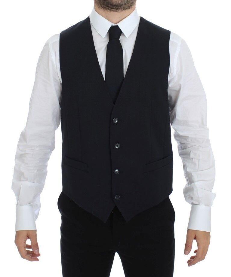 Blue cotton stretch dress vest blazer by Dolce & Gabbana, tailored fit with lapels and button closure.