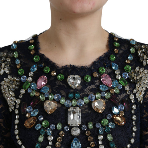 Blue crystal floral lace Dolce & Gabbana long gown dress with intricate lace and sparkling crystal details.