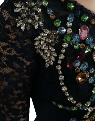 Blue crystal floral lace long gown dress by Dolce & Gabbana featuring intricate lace and elegant floral details.