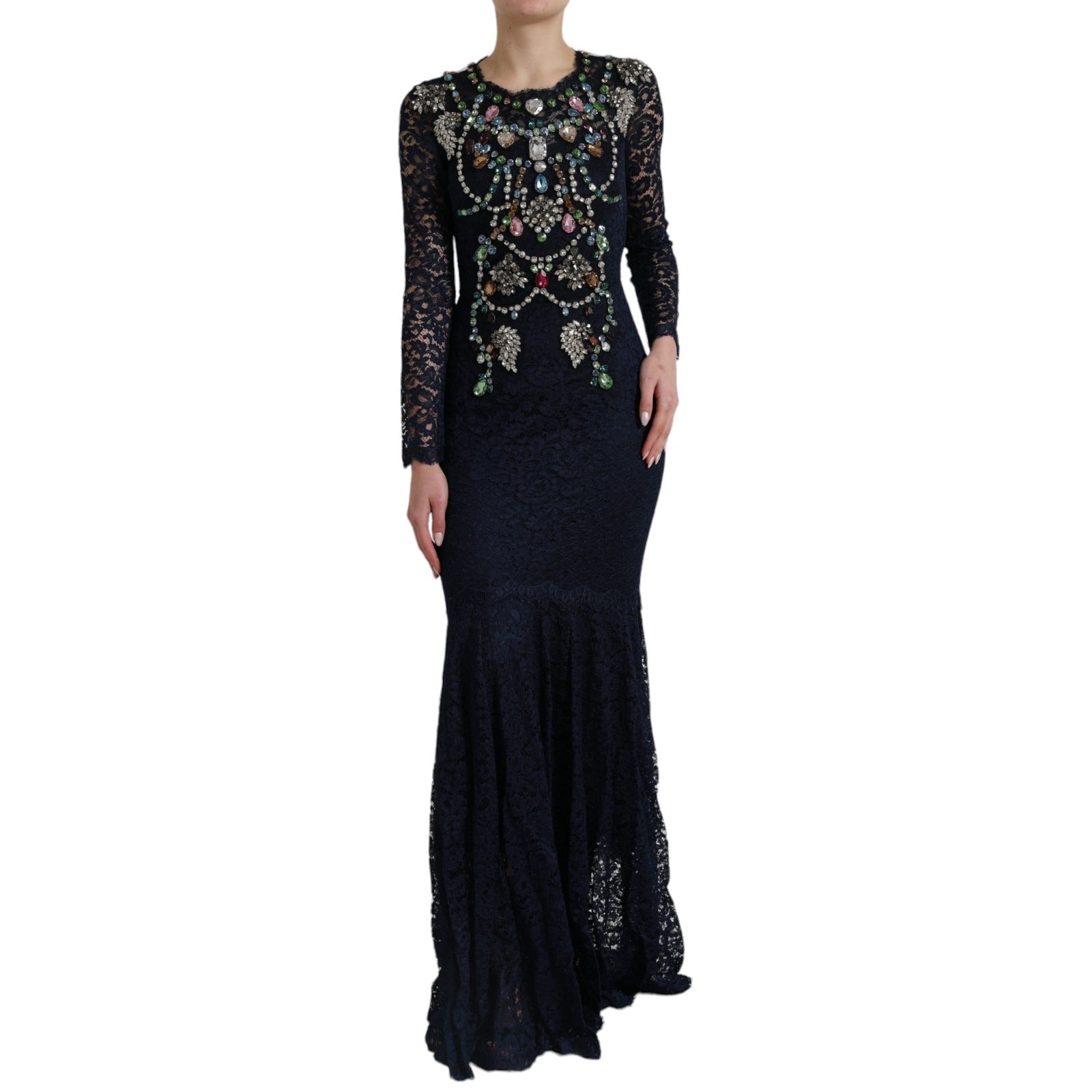 Blue crystal floral lace long gown dress by Dolce & Gabbana, featuring intricate lace and elegant floral details.