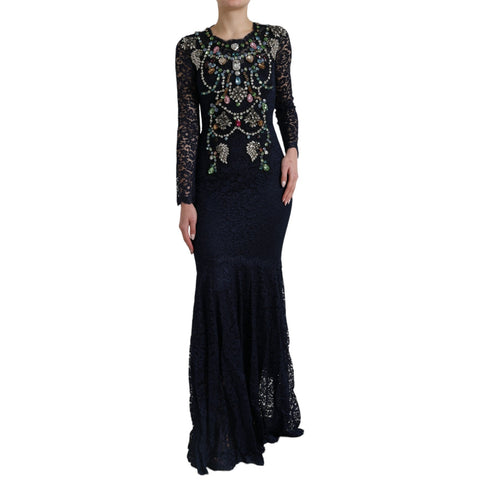 Blue crystal floral lace long gown dress by Dolce & Gabbana, featuring intricate lace and elegant floral details.