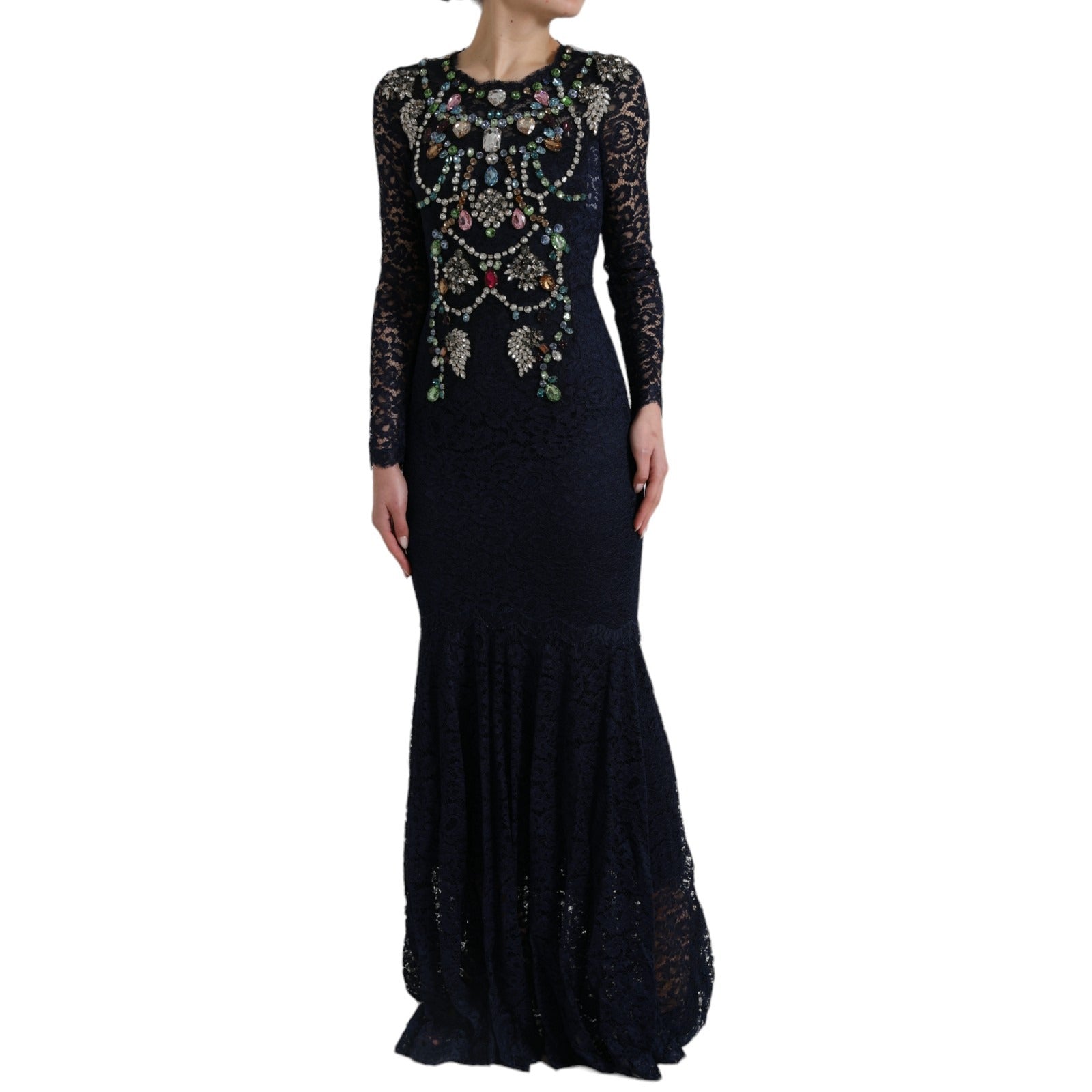 Blue crystal floral lace long gown dress by Dolce & Gabbana featuring intricate lace and elegant floral details.