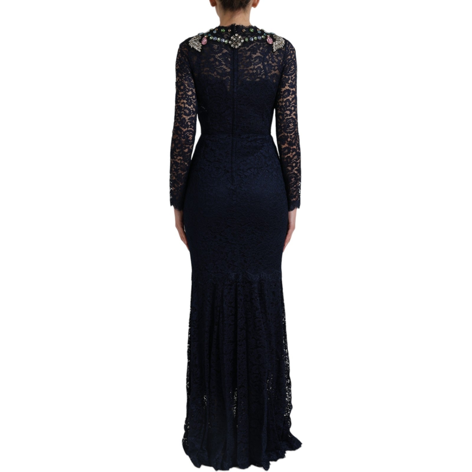 Blue crystal floral lace long gown dress by Dolce & Gabbana featuring intricate lace and elegant design.