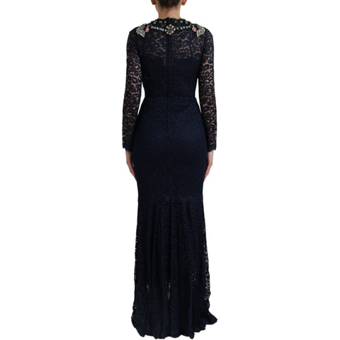 Blue crystal floral lace long gown dress by Dolce & Gabbana featuring intricate lace and elegant design.