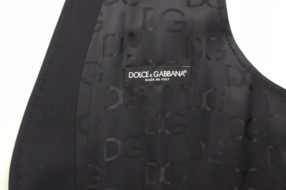 Gray striped wool silk dress vest gilet by Dolce & Gabbana, shown on a hanger with detailed fabric texture.