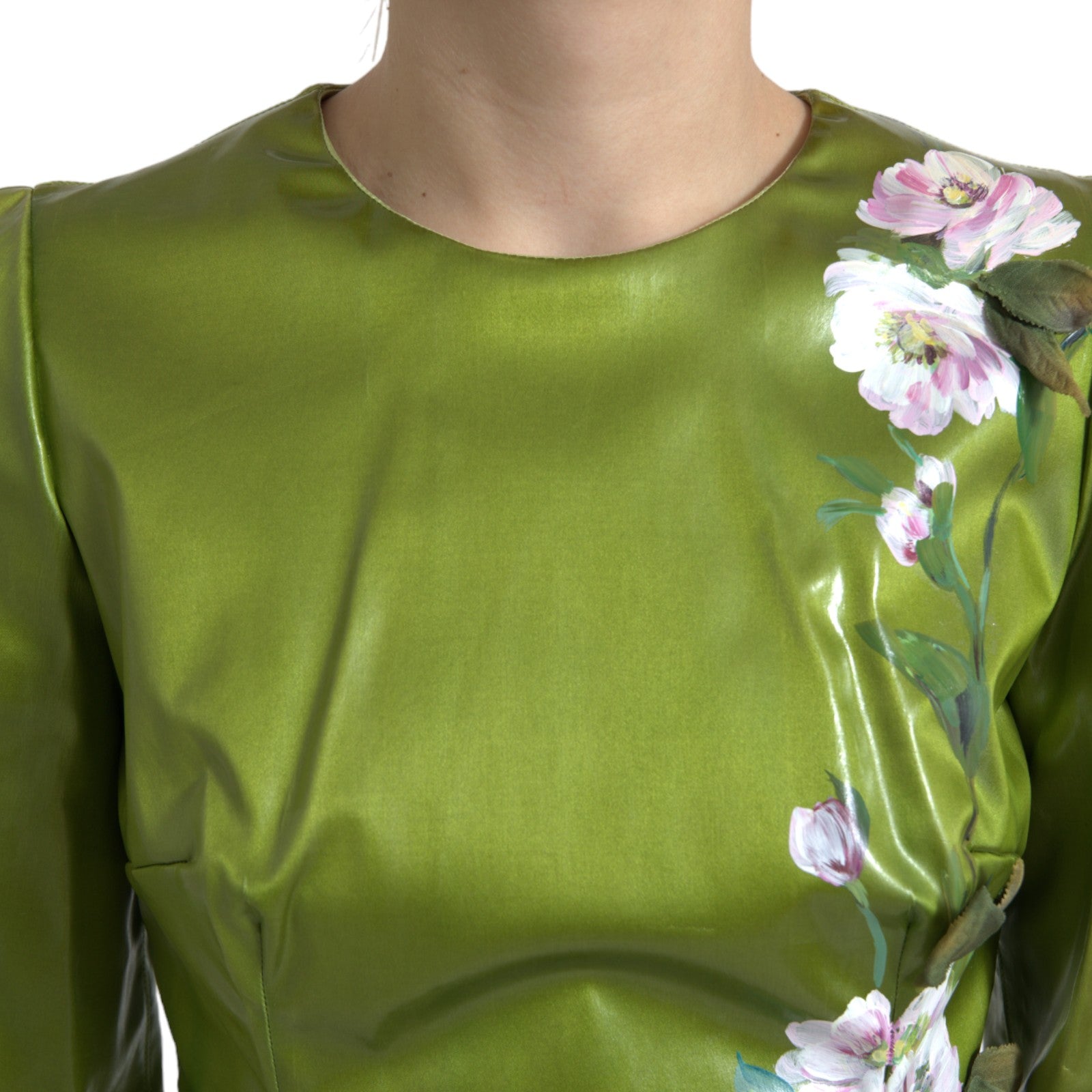 Green floral embellished sheath midi dress by Dolce & Gabbana with intricate floral details and a fitted silhouette.