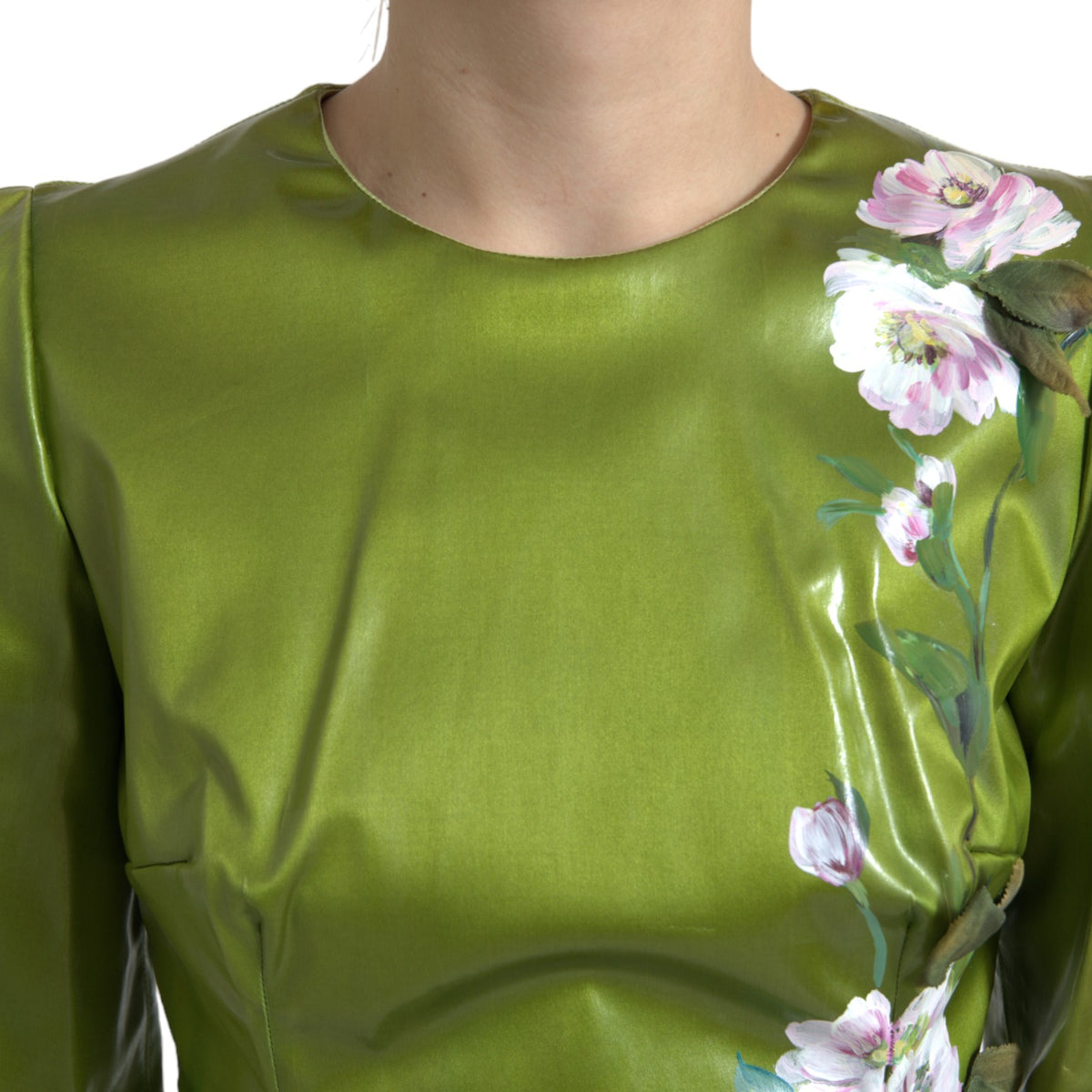 Green floral embellished sheath midi dress by Dolce & Gabbana with intricate floral details and a fitted silhouette.