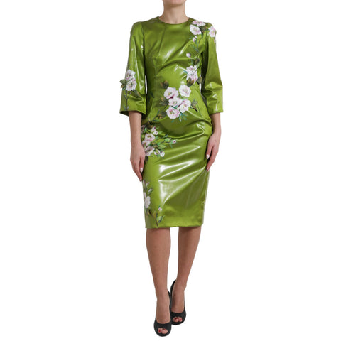 Elegant green floral embellished sheath midi dress by Dolce & Gabbana, featuring intricate floral details and a fitted silhouette.