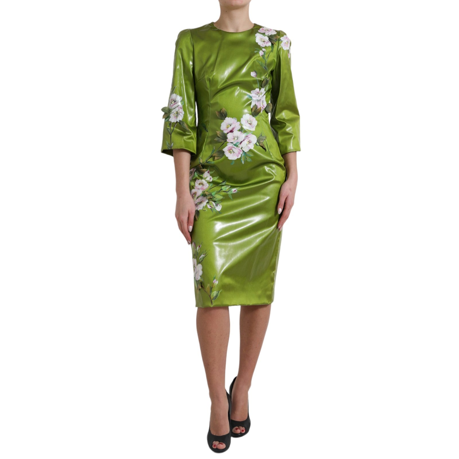 Green floral embellished sheath midi dress by Dolce & Gabbana with intricate floral embroidery and elegant fitted silhouette.