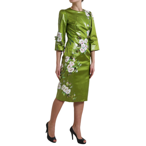 Green floral embellished sheath midi dress by Dolce & Gabbana, featuring intricate floral embroidery and a sleek fitted silhouette.
