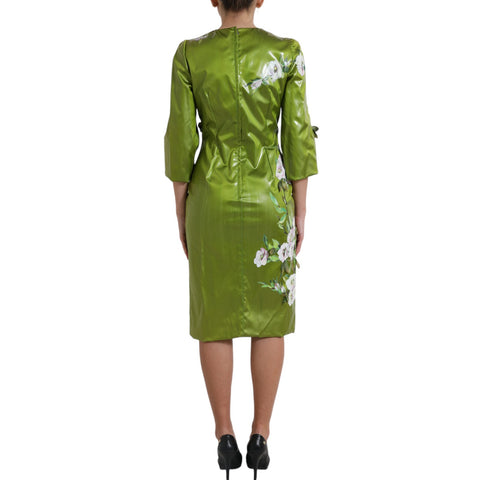 Green floral embellished sheath midi dress by Dolce & Gabbana, featuring intricate floral embroidery and elegant fitted design.