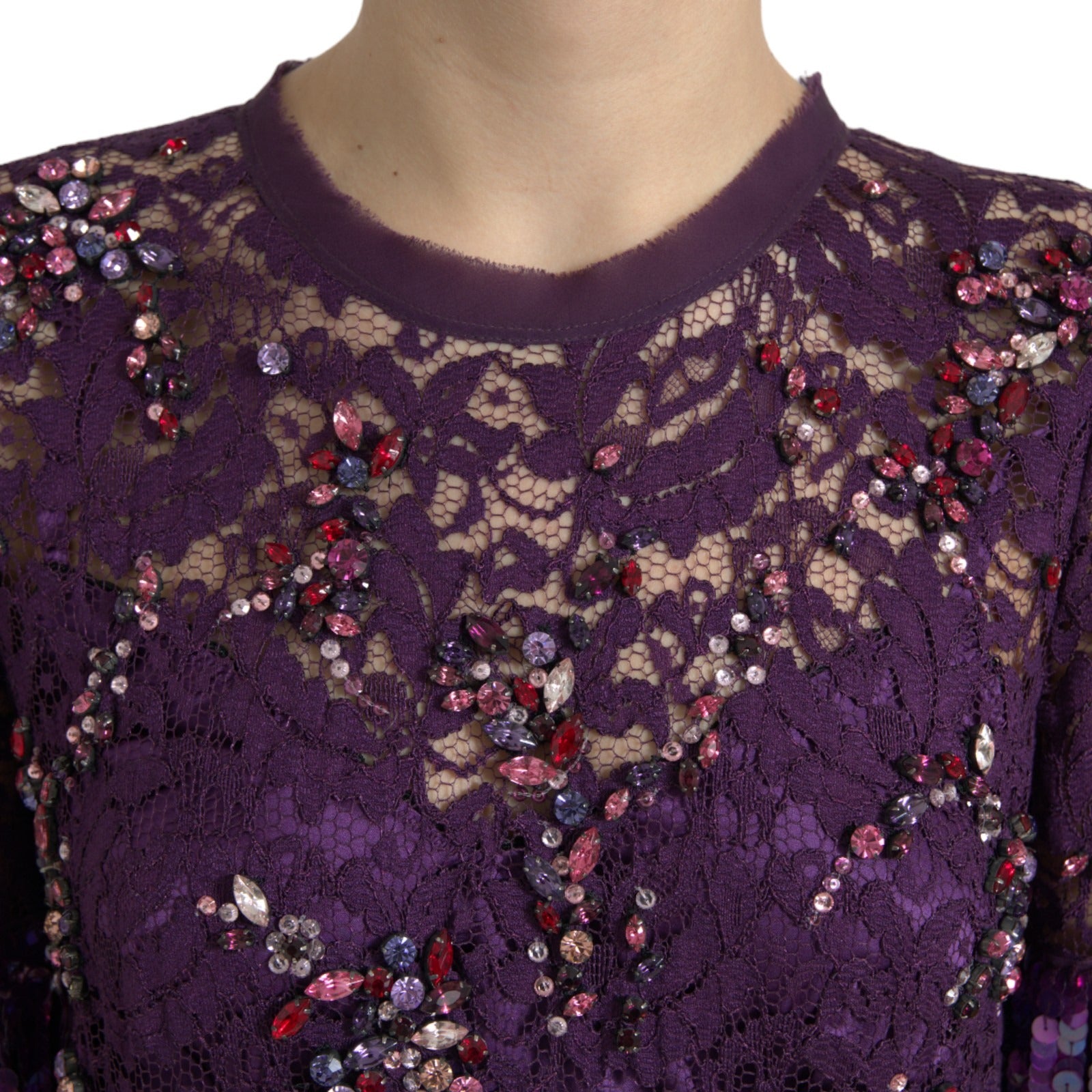 Purple floral lace dress by Dolce & Gabbana with crystal embellishments, featuring intricate lace details and elegant design.