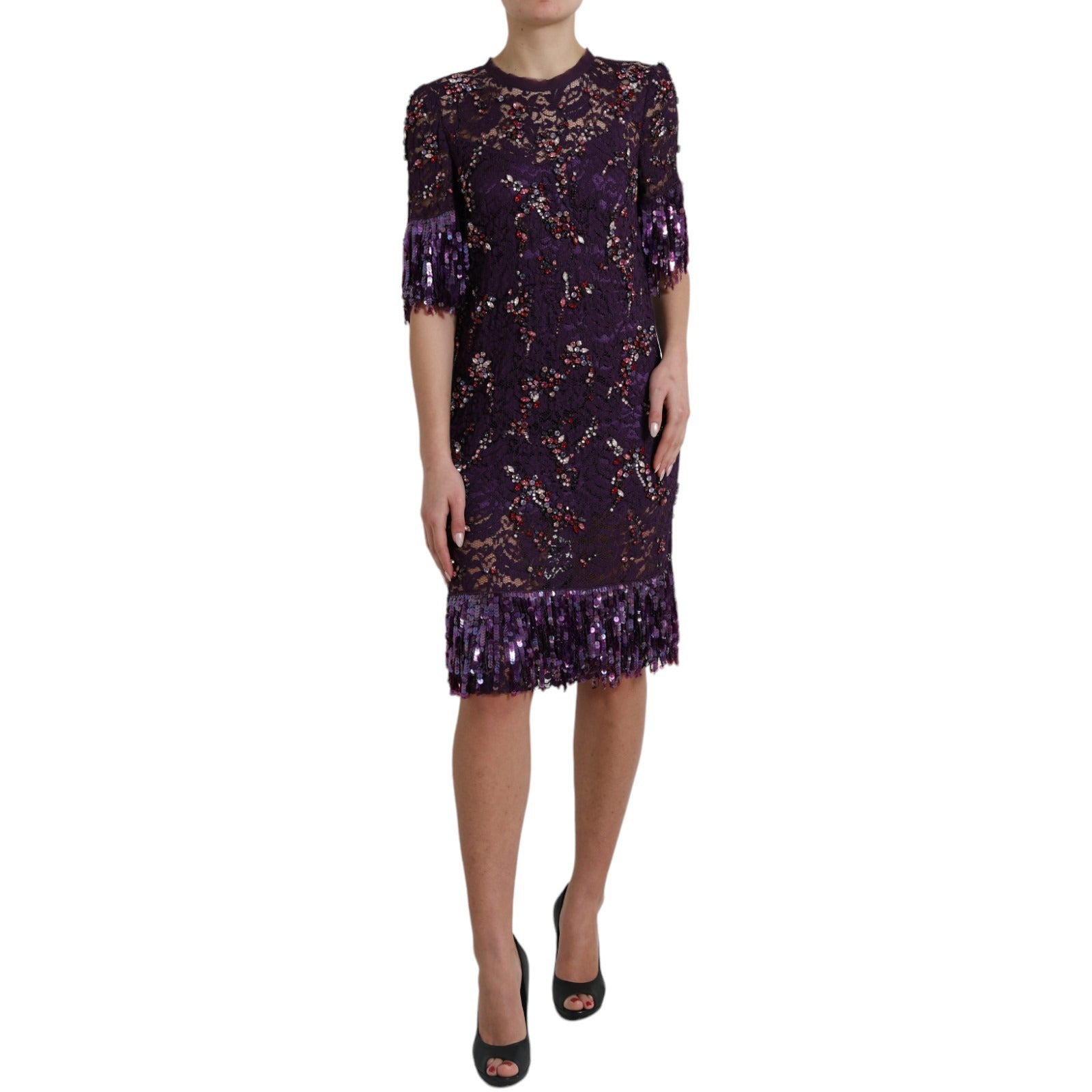Purple floral lace dress with crystal embellishments by Dolce & Gabbana, featuring intricate lace details and elegant floral pattern.