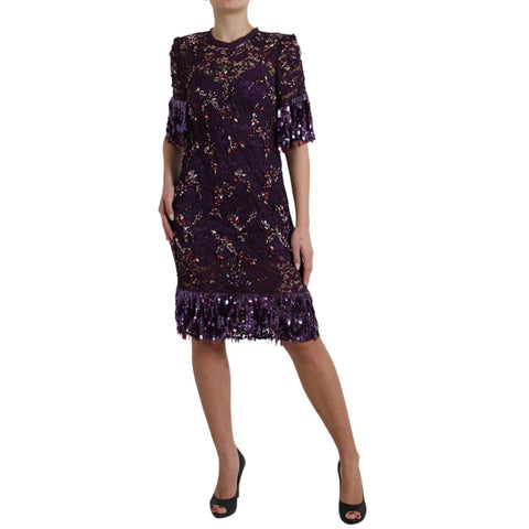 Purple floral lace dress by Dolce & Gabbana with crystal embellishments, featuring intricate lace details and a fitted silhouette.