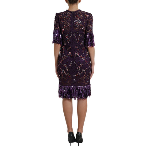 Purple floral lace dress with crystal embellishments by Dolce & Gabbana, featuring intricate lace and elegant design.