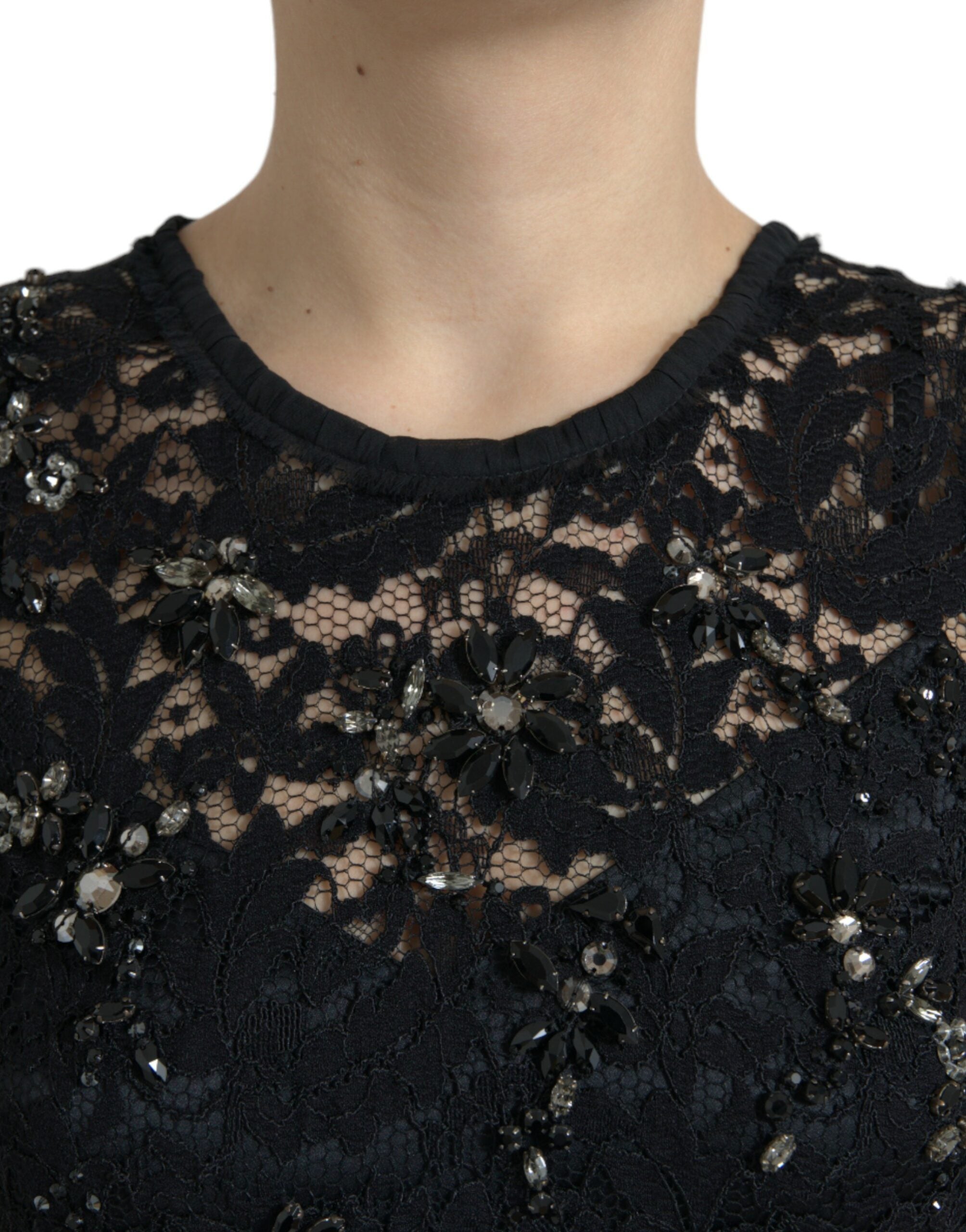 Black floral lace crystal sheath dress by Dolce & Gabbana, featuring intricate lace details and elegant fit.