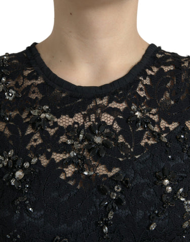 Black floral lace crystal sheath dress by Dolce & Gabbana, featuring intricate lace details and elegant fit.