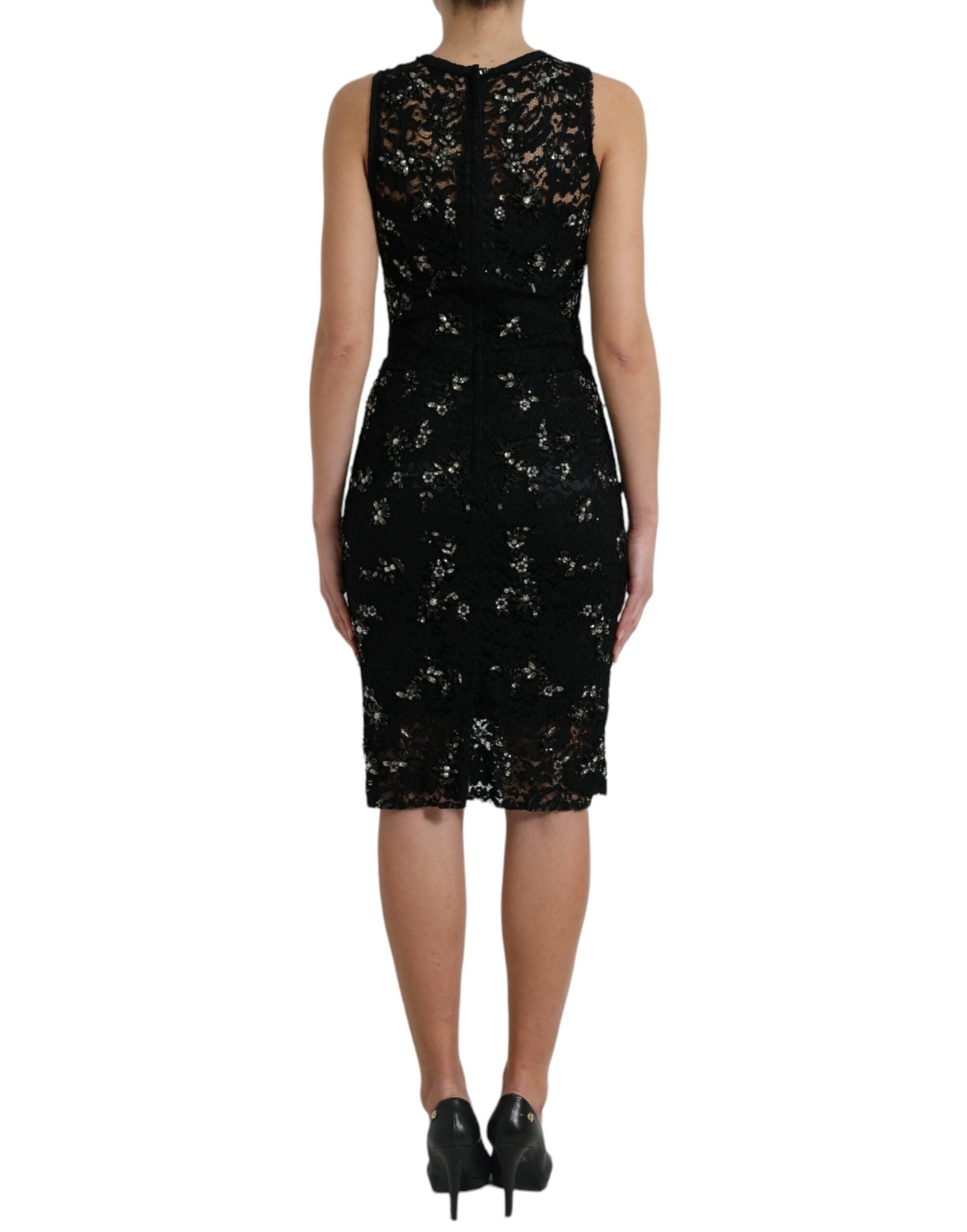 Black floral lace crystal sheath dress by Dolce & Gabbana, featuring intricate lace details and a sleek silhouette.