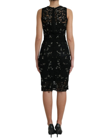 Black floral lace crystal sheath dress by Dolce & Gabbana, featuring intricate lace details and a sleek silhouette.