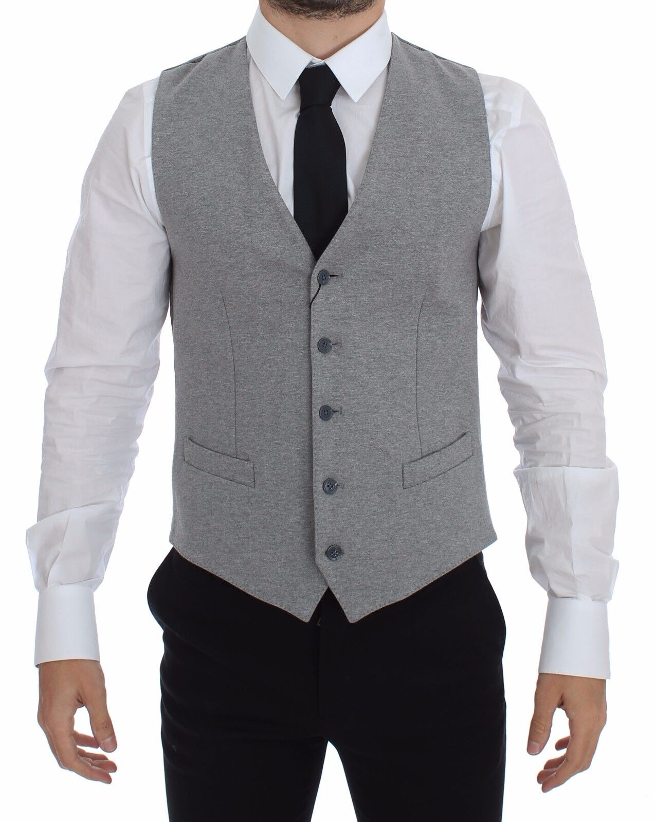 Gray cotton stretch dress vest blazer by Dolce & Gabbana, featuring tailored fit and classic lapel design.