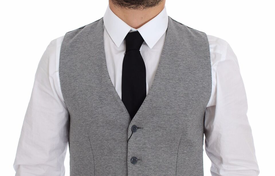 Gray cotton stretch dress vest blazer by Dolce & Gabbana, tailored fit with lapel collar and sleek design.