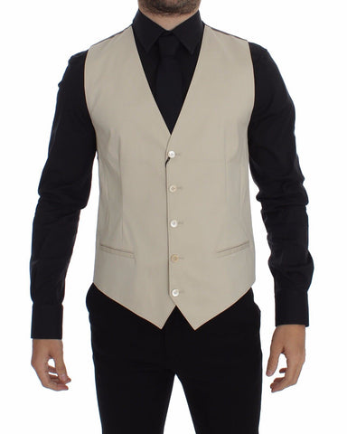 Beige cotton stretch dress vest blazer by Dolce & Gabbana, tailored fit with lapel collar and front button closure.