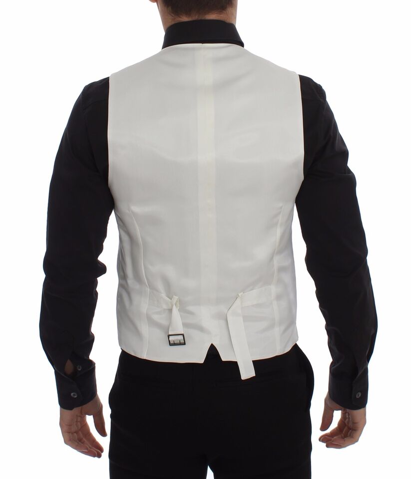 White cotton silk blend dress vest blazer by Dolce & Gabbana, shown on a hanger with a tailored fit and classic lapel design.