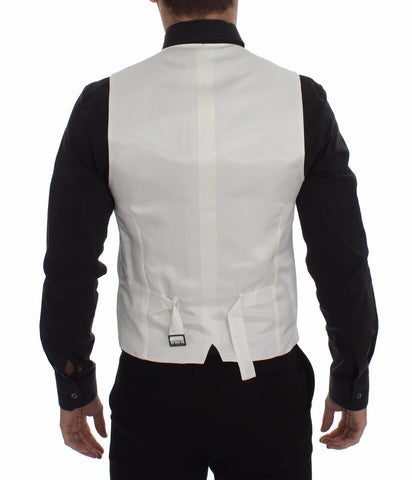 White cotton silk blend dress vest blazer by Dolce & Gabbana, shown on a hanger with a tailored fit and classic lapel design.