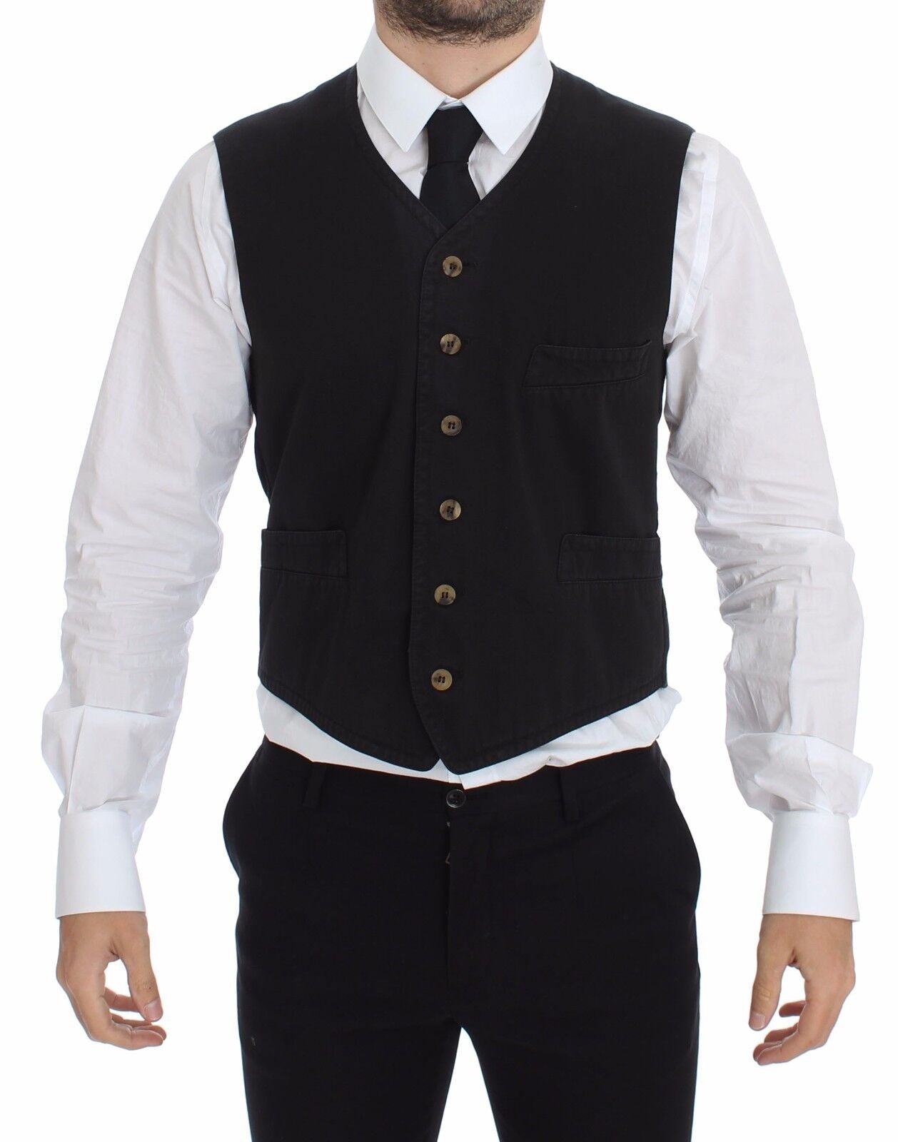 Black cotton viscose dress vest blazer by Dolce & Gabbana, tailored fit with sleek lapels and structured design.