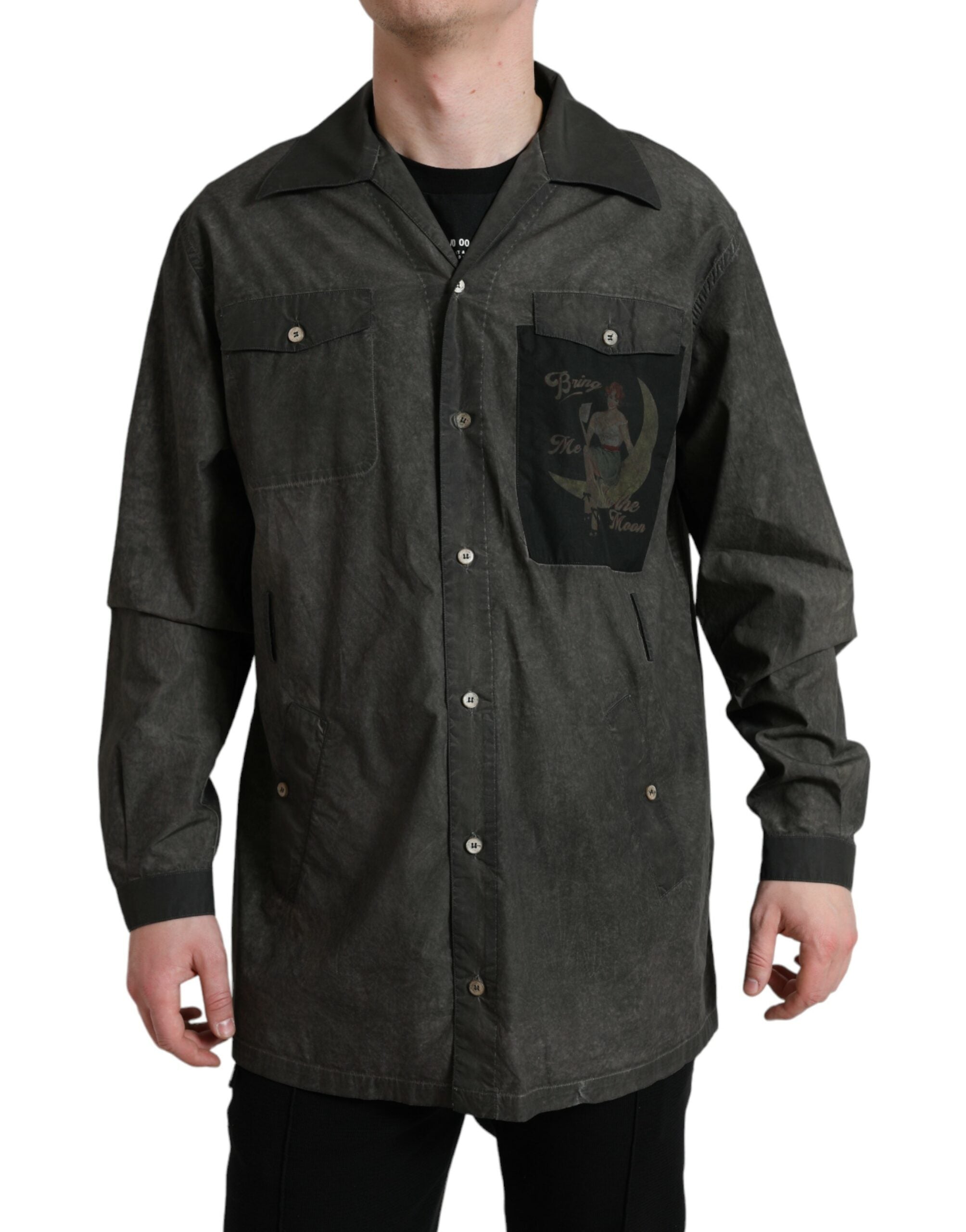 Dark gray cotton long-sleeve collared shirt by Dolce & Gabbana, shown with buttoned front and classic design.