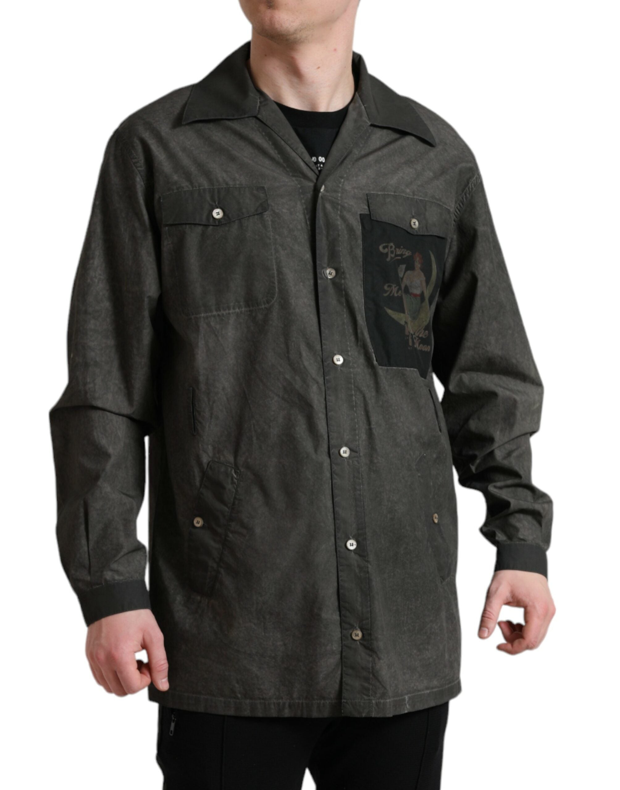 Dark gray cotton long sleeve shirt with a collar from Dolce & Gabbana, shown on a hanger.